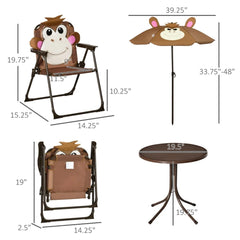 Cute Monkey Kids Patio Table Chair Set with Removable Cartoon Sun Umbrella, Foldable Portable Outdoor Toddler Furniture, 2 Folding Chairs Round Metal Table, Space Saving Kids Play Dining Set for Backyard Garden Lawn Picnic Be