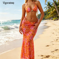 Vigorashely 2026 Print Tied Halter 3 Piece Bikini Set Swimsuit Women Beach High Waist Swimwear Lady Mesh Long Skirt Bathing Suit