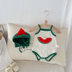 Summer baby cute watermelon style jumpsuit, male and female baby sling thin comfortable jumpsuit hat, suitable for going out