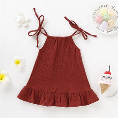 1-5 Years Old Kid Girl Summer Breathable Cotton Slip Dress Adjustable Solid Color Halter Dress Toddler Girl Holiday Beachwea