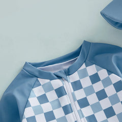 1-4T Toddler Boy Swimsuit Set Checkered Long Sleeve Rash Guard Swim Tops Swim Shorts and Sun Hat 3 Piece Outfit