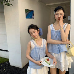 Beachwear Family Look Outfits Blue Plaid Shirt Lace Decor Camis White Shorts Skirt Parent-child Matching Clothes Soft Streetwear