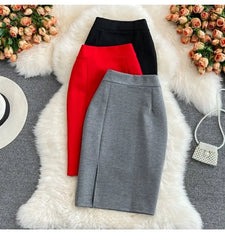 High Waist Midi Skirt Women's OL Profional Slimming Side Slit Wrap A-Line One Step Skirt Autumn Korean Sle Commute