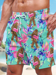 Mens Bigfoot Tropical Leaf Pink Base Print Quick Dry Board Shorts Elastic Drawstring Swim Trunks Summer Beach Casual Outfit