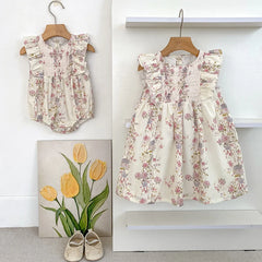 Girls Pink Floral Dress Ruffle Baby Romper Dress Summer Kids Short Sleeve Beach Dresses Toddler Bodysuit Sister Family Clothes