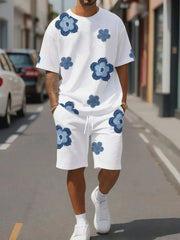 Summer men's breathable and comfortable round neck T-shirt shorts with printed pattern outdoor casual two-piece set