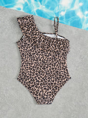 Girls' Off-Shoulder Ruffled One-Piece Swimsuit Children's Leopard Print Pool Beachwear