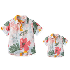 Boy Hawaiian Flower Shirt Lapel Short Sleeve Father Kid Shredded Casual Cardigan Parent Child Clothe Button Summer Beach Blouse