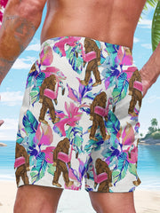 Mens Bigfoot Tropical Leaf Pink Base Print Quick Dry Board Shorts Elastic Drawstring Swim Trunks Summer Beach Casual Outfit