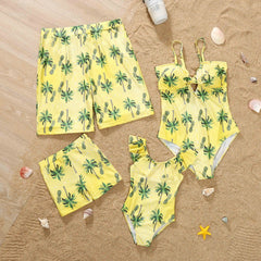 Family Matching Outfits Coconut Tree Print Holiday Look Beachwear Adult Kids Swimsuit Women Girls One-piece Suit Men Boys Shorts