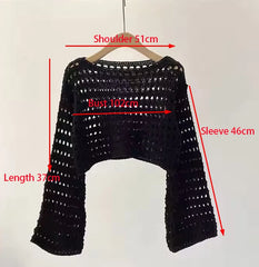 Long Sleeve Crochet Knit Top Summer Beach Bikini Cover Up Crop Pullover Wool Knitwear Blouse Women Vacation Boho Outfit