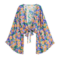 Boho Queens Sun Flower Beach Summer Short Kimono Women 2025 Ruffles Flare Sleeves Vacation Bohemian Bikini Cover-ups
