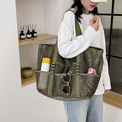 Large Capacity Canvas Beach bag Versatile Commuting Shopping Shoulder bag Lightweight Semi Transparent Mesh Hollow bag