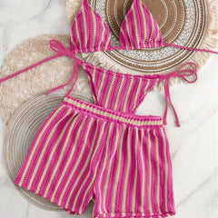 2026 new style boxer shorts mesh three-piece women's swimsuit neck lace-up bikini set