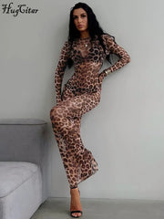 Hugcitar Leopard Print Mesh Long Sleeve Sexy Slim See Through Maxi Dress Fall Women Fashion Outfits Beach Vacation Club