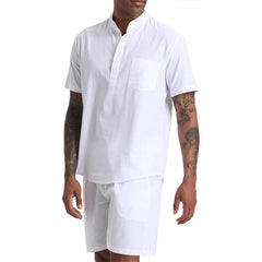 Men's Cotton Linen Set Henley Shirts Shorts Outfits 2 Pieces Beach Clothes Vacation Matching Suit Summer Wear Shirt Sleeve
