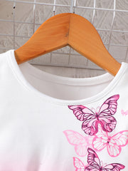 Girls' Spring and Summer Knitted Casual Fashion Round Neck Flutter Sleeve Ruffle Dress with Butterfly Digital Print, Suitable for Holidays, Vacations, Beach, Parties, Gifts