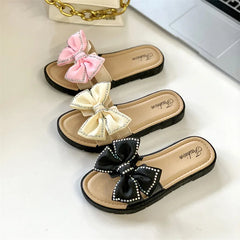 2026 New Bow Flats Open Toe Slide Sandals Non-slip Flip Flops Children Home Slippers Kids Girls Summer Cute Beach Slippers Shoe