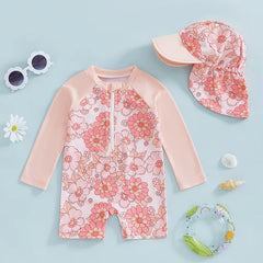 Tregren Toddler Girl Long Sleeve Swimsuit Floral/Flamingo Print Half Zipper Rash Guard Swimwear with Sun Hat Infant Beachwear