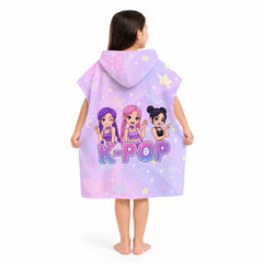 K-Pop Style Hooded Poncho Towel for Kids Adults Flat Print Purple Idol Cartoon Girls Bath Robe Beach Changing Towel Wrap