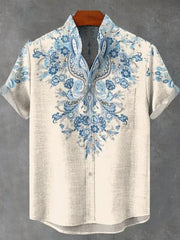 Summer Men's Printed Short Sleeve Shirt Vintage Linen Shirt Men's Festival Casual Short Sleeve Top Street Trend Fast Delivery