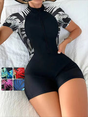 One Piece Floral Swimwear Swim Suit Women Short Sleeve Swimsuit Zip Front Tropical Plant Surfing Sun Protection(No built-in bra