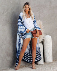 Women's Boho Stripe Tie Dye Swimsuit Cover Up with Belt Tunic Sarong Cardigan Dress Bikini Cover-ups Beach Wear Kimono