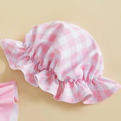 0-3T Toddler Girl Bikini Set Swimsuit Plaid Print Flutter Sleeves Tank Tops with Shorts and Hat Bathing Suit 3 Pcs Beachwear