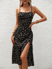 2024 Women Floral Print Spaghetti Straps Summer Boho Beach Dress Print Elegant Suspenders Square Neck Slit Dress Vestidos
