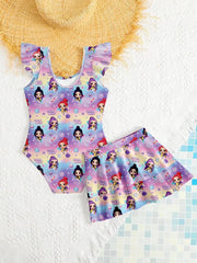 Sweet Girls 2 Pieces Swimwear Cute Cartoon Ruffle Sleeve Bikini Set with Skirt Children Vacation Bathing Suit