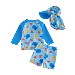 3Pcs Toddler Boy Swimsuit Set Long Sleeve Crew Neck Marine Animal Print Tops Swim Trunks and Hat Rash Guard Bathing Suit