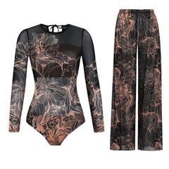 Women's Long Sleeve Swimwear Sunscreen One Piece Swimsuit High Elastic Thickened Mesh Loose Pants SPF35+ New Fitness Beachwear