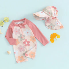 Tregren 0-3Y Toddler Girls Rash Guard Swimsuit with Swim Cap Long Sleeve Floral/Tropical Tree Print Zip Up Swimwear Bathing Suit