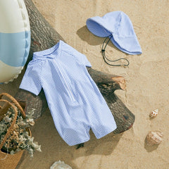 MISOWMNJOY Baby Girl Boy Swimsuit Summer New Stripe Print Kids Beachwear Short Sleeve Half Zipper Rash Guard Swimwear Sunhat Set
