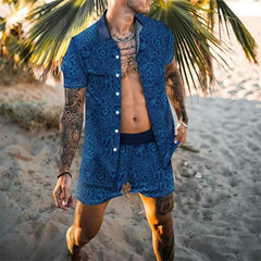 Men Hawaiian 2Pcs Sets Summer 3D Printing Short Sleeve Shirt Beach Button Shorts Streetwear Shirt Holiday Men's Two Piece Suit