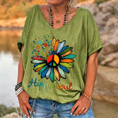 Ilstile Women's Hippie Soul Peace Daisy T-Shirt Retro Boho Flower Print V-Neck Short Sleeve Loose Fit Casual Summer Top