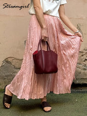 Streamgirl Women Summer Skirts Long Pleated A Line Elegant Solid Big Swing Maxi Skirt Ladies Blue White Beach Skirt Women Luxury