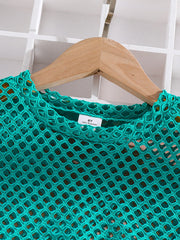 Summer girls' fashion 3-piece set, cool and breathable mesh short sleeved T-shirt+letter printed suspender+shorts