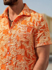 Genlund Men's Burnt Orange Summer 2 Piece Set,Boho Short Sleeve Print Shirt And Shorts,Tropical Vacation Holiday Outfit,Resort