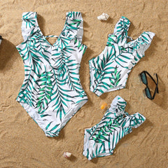 New Family Matching Outfits Leaf Printed Matching Swimsuit Family Look Floral Full Print Multi-color One-piece Matching Swimwear