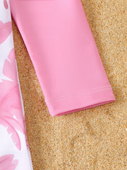 Baby Girl Summer Pink Print Long Sleeve Swimsuit with Hat Infant Swimwear Protection And Comfort