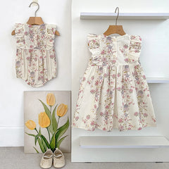 Girls Pink Floral Dress Ruffle Baby Romper Dress Summer Kids Short Sleeve Beach Dresses Toddler Bodysuit Sister Family Clothes