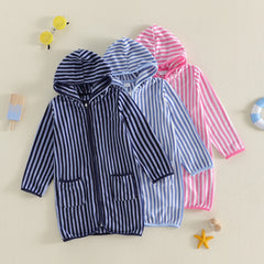 1-6Y Kids Bath Robes Towel Long Sleeve Front Zipper Striped Surf Poncho Swimming Outerwear for Boys Girls Beach Cover-ups