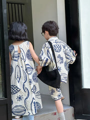 22386-1 Brother Sister Clothes Boy's Summer Suit Girl's Dress Or Casual Short-sleeved Shirt+Shorts Two-piece Suit