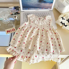Two-Piece Set Sleeveless Princess Dress with Floral Print, Summer Thin Outfit for Baby Girls Baby Girl Cute Floral Skirt