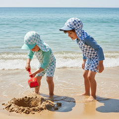 1-4T Toddler Boy Swimsuit Set Checkered Long Sleeve Rash Guard Swim Tops Swim Shorts and Sun Hat 3 Piece Outfit