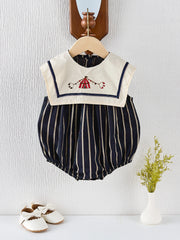 Summer Baby Girl's Large Lapel Sleeveless Triangular Jumpsuit with Striped Body and Navy Collar