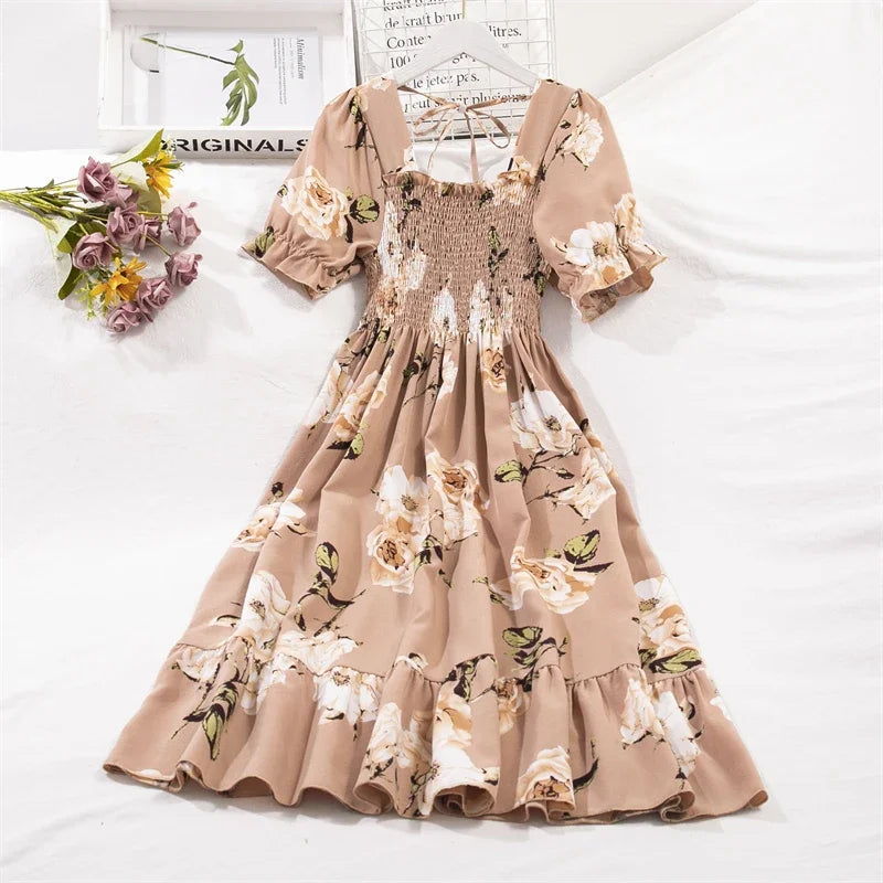 Spring Summer Chiffon Dresses Fashion Female Elastic Waist Short Sleev – Ann's Store