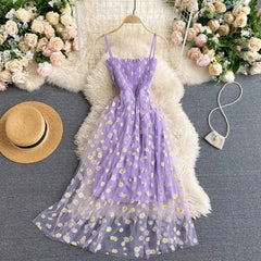 YuooMuoo Women Dress 2026 New Korean Fashion Floral Print Spaghetti Straps Mesh Party Dress Vacation Style Lady Beach Vestidos