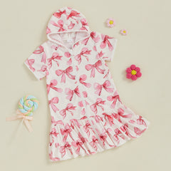 Children Baby Girls Swim Coverups Summer Beachwear Bow Print Short Sleeve Hooded Bathrobe Absorbent Dress Zip-Up Robe Towel